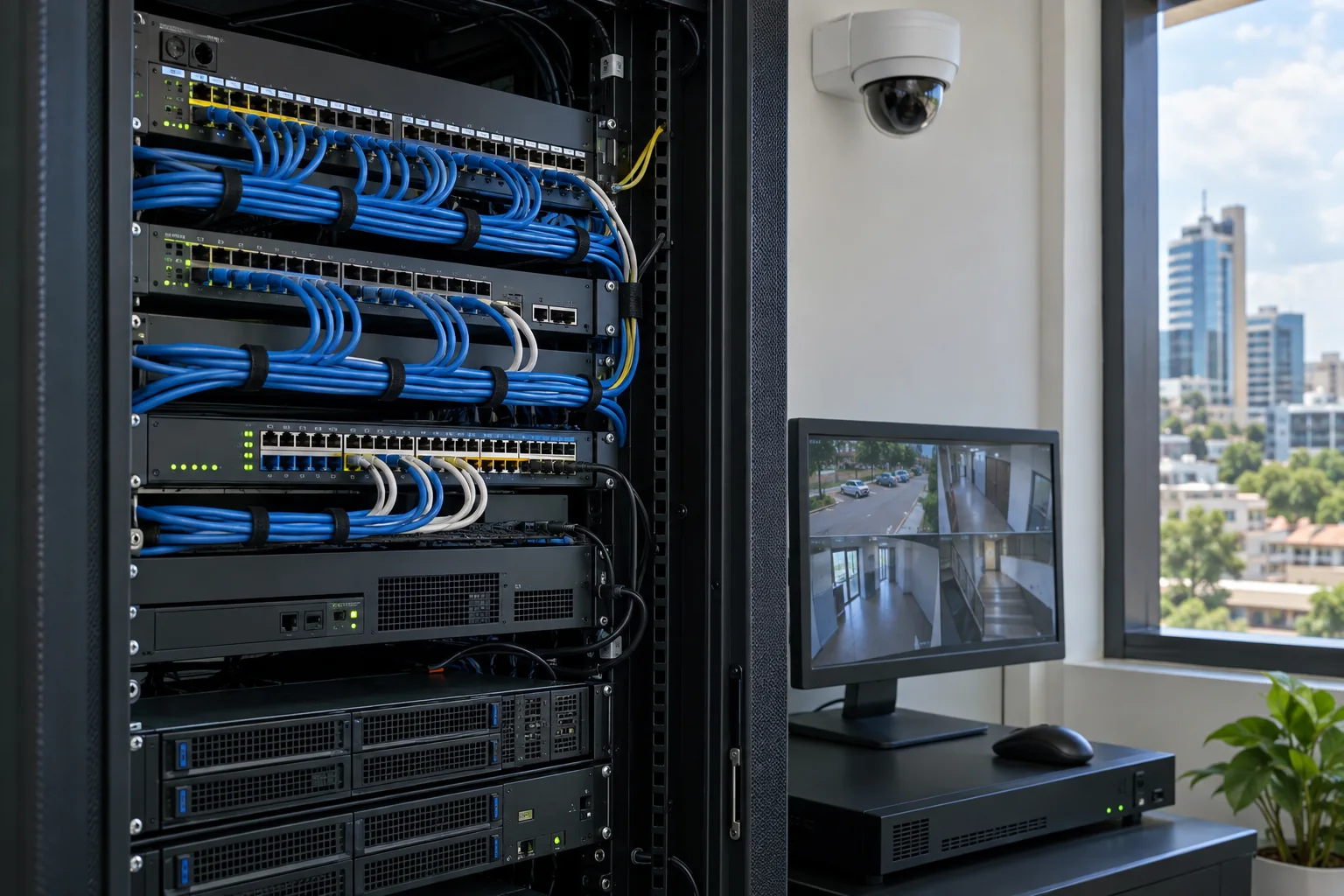 A structured network rack with patch panels and switches beside a CCTV monitoring station.