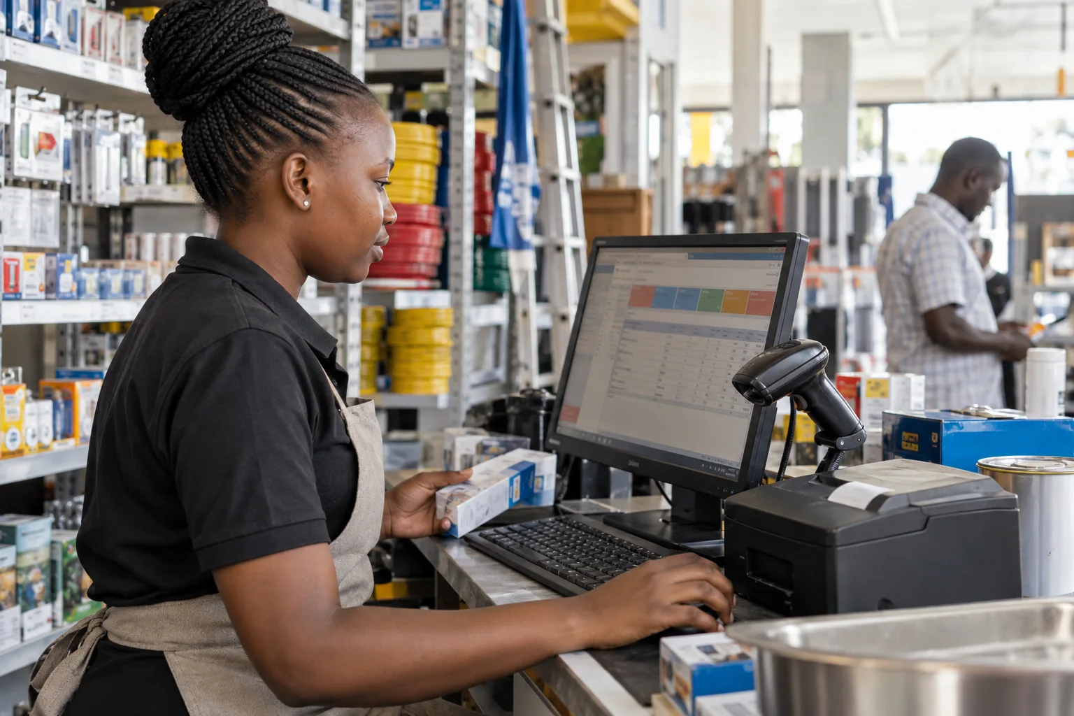 A retail employee using a point-of-sale and inventory system at a counter.